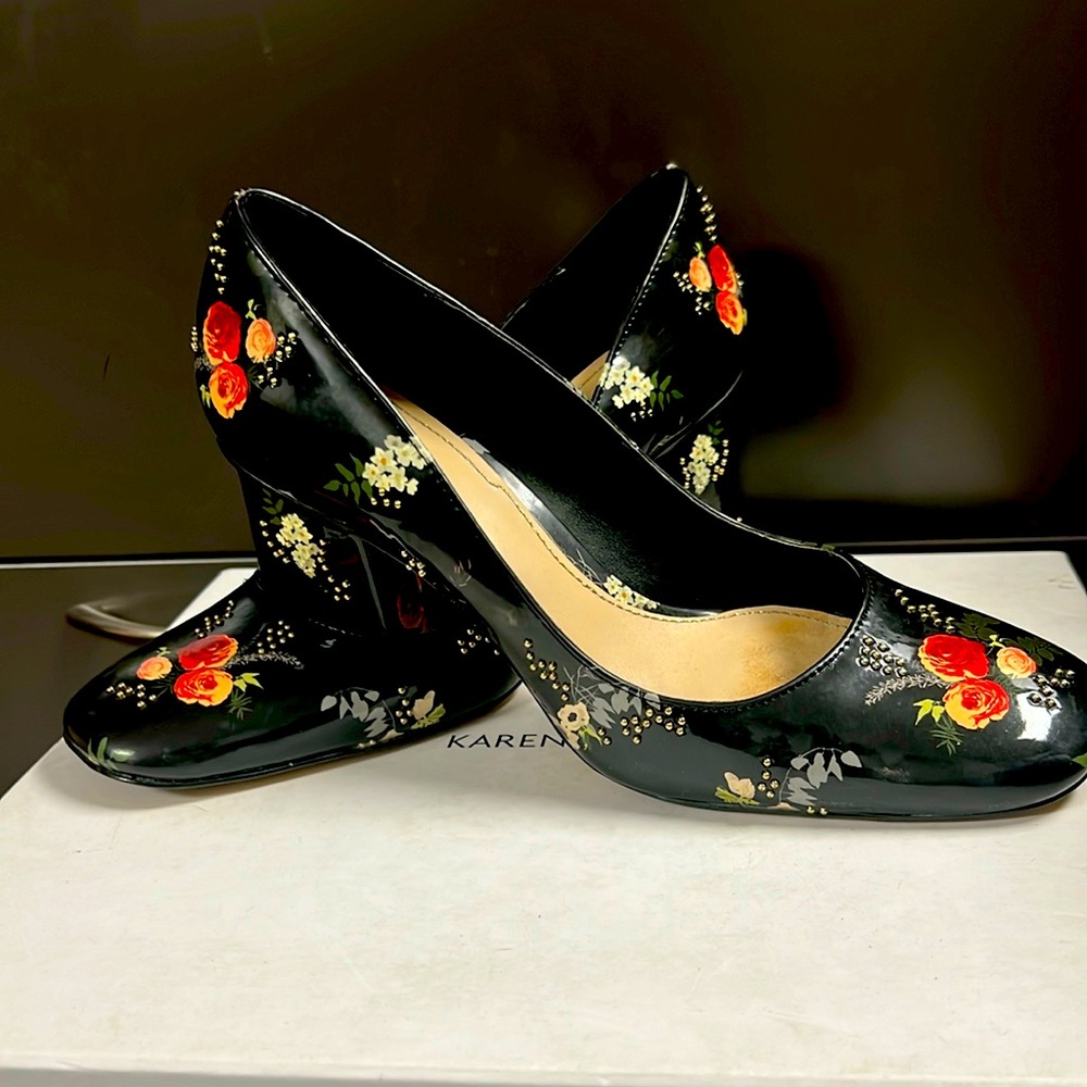 Black shoes with Red and Orange Flowers